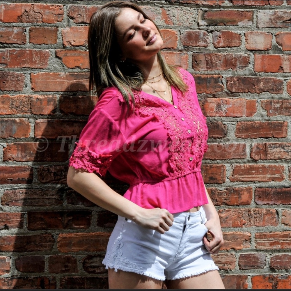 *Last One* Available by Angela Pink Crochet Detail Blouse - Picture 2 of 5